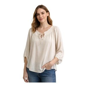 Z Supply Beige Crinkled  Boho Peasant Blouse Tie Neck Flowy Size M